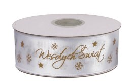 Wstążka Craft-Fun Series satynowa satynowa z nadrukiem Wesołych Świąt 25 biało-złoty Titanum (25/25YWHITE)
