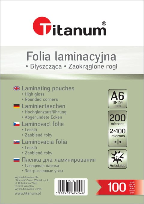 Folia do laminowania A6 przezroczysty 100mic. [mm:] 111x154 Titanum